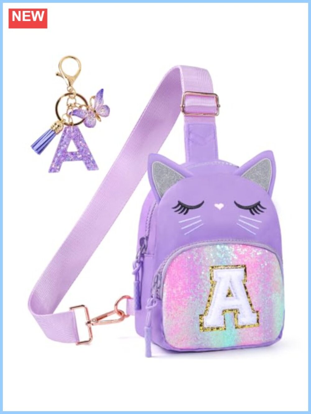 Girls Crossbody Sling Bag Purse Cat Initial Polyester Adjustable